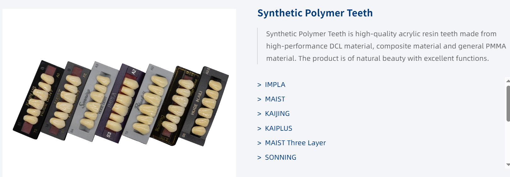Synthetic polymer teeth product samples